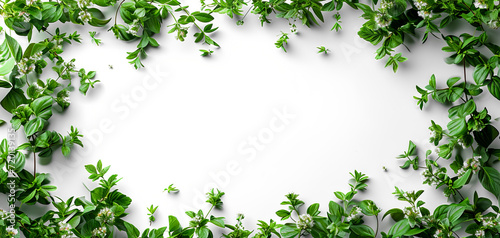 Frame of fresh green plants on a white background.