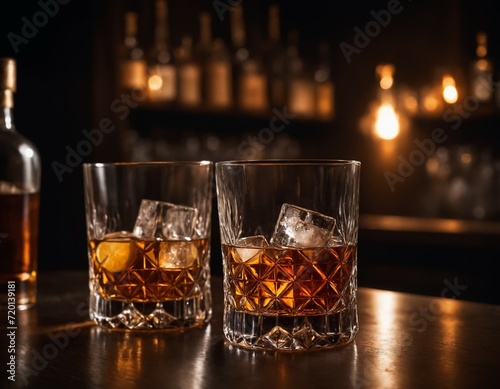 2 glass of whiskey with ice on bar counter, moody dark background