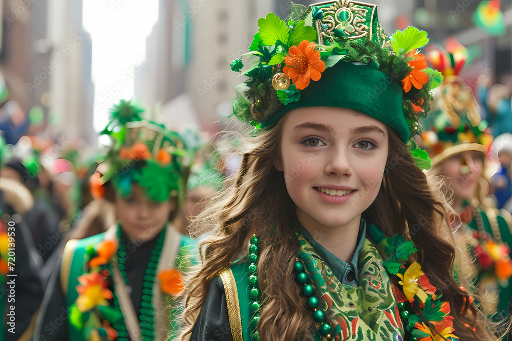 A beaming child adorned in a vibrant green hat graces the St. Patrick's Day, exuding confidence and adding a touch of whimsy to her stylish ensemble A beaming child adorned in a vibrant green hat graces the St. Patrick's Day, exuding confidence and adding a touch of whimsy to her stylish ensemble