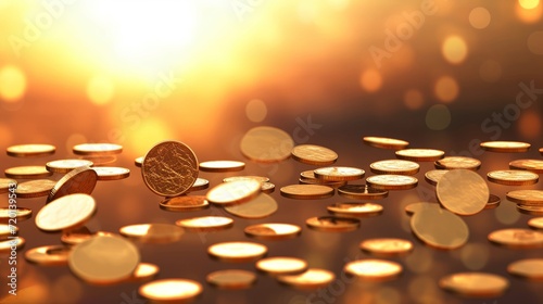 Golden coins shimmering in the sunlight symbolizing wealth and financial growth.