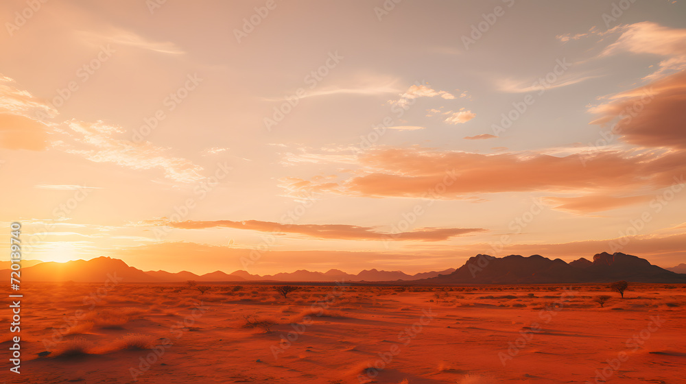 The warm hues of a sunset over expansive desert landscapes, showcasing the vastness and solitude of arid terrains when observed from the heavens.