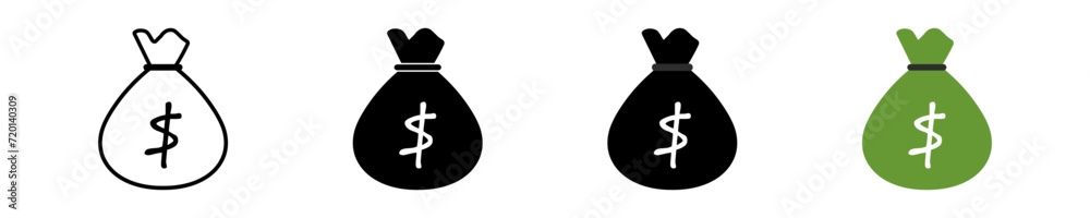 Money bags icon set. Simple sack cash. Isolated graphic illustration featuring currency symbols. Dollar icons in a vector design flat Money bags icon set. Simple sack cash. Isolated graphic illustration featuring currency symbols. Dollar icons in a vector design flat
