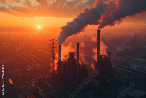 An industrial landscape with smokestacks emitting smoke against a sunset background  the concept of air pollution  poor ecology. Aerial view