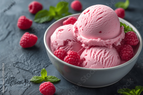 Pink raspberry ice cream with fresh berries and mint on dark background