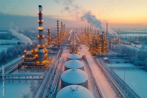 Snowy oil refinery lit up at twilight, with smokestacks and storage tanks