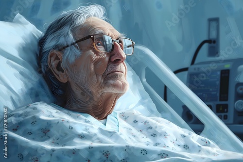  Illustration of a senior man with glasses lying in a hospital bed, medical equipment in the background photo