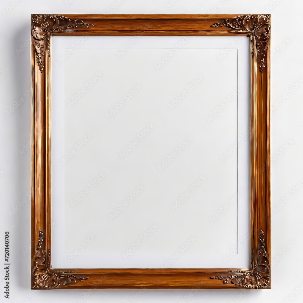 Fototapeta premium Blank beautiful wooden photo frame isolated on white background near white wall, empty copy space,