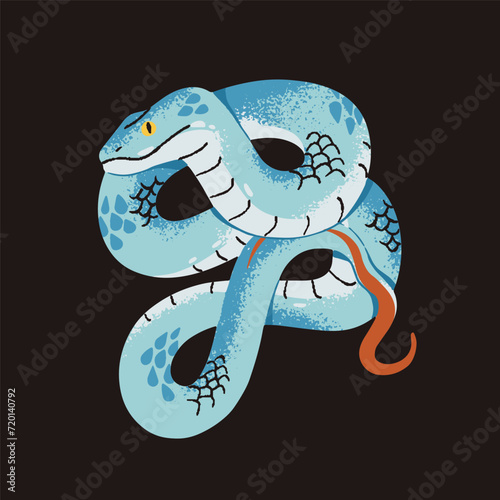 White lipped pit or tree viper. Poisonous snake with blue patterned scale. Tropical serpent, venomous reptile. Exotic cold blooded animal. Dangerous jungle fauna. Flat isolated vector illustration