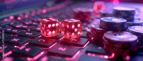 Online gambling, casino chips, cards and dice laying on laptop keyboard, internet betting gaming addiction, generative ai. photo