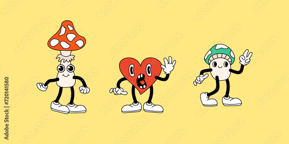 Set of Retro Cartoon mushroom and heart characters mascots illustrations