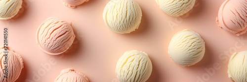 scoops of ice cream pattern on a neutral color background top view flat lay, pastel peach color