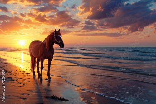 horses and beautiful beach at sunset © LivroomStudio
