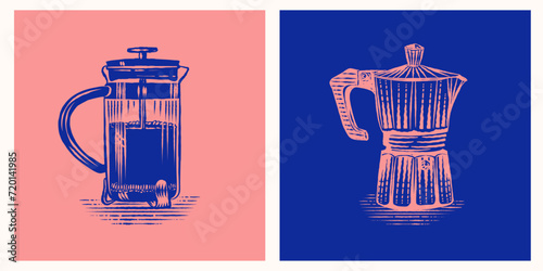 french press and moka pot Engraving coffee illustration premium