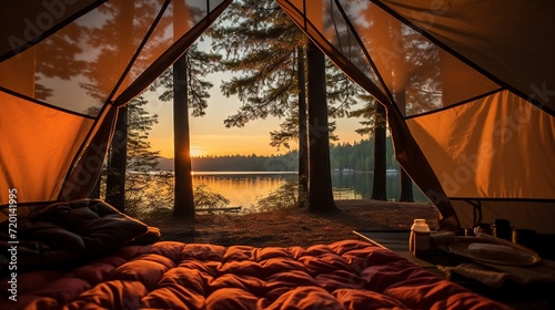 Sunrise view from inside a tent at a lakeside campsite.