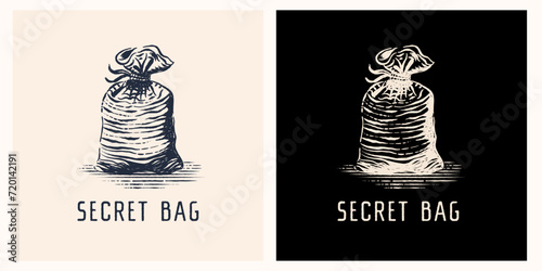 burlap sack or secret bag logo Engraving illustration premium