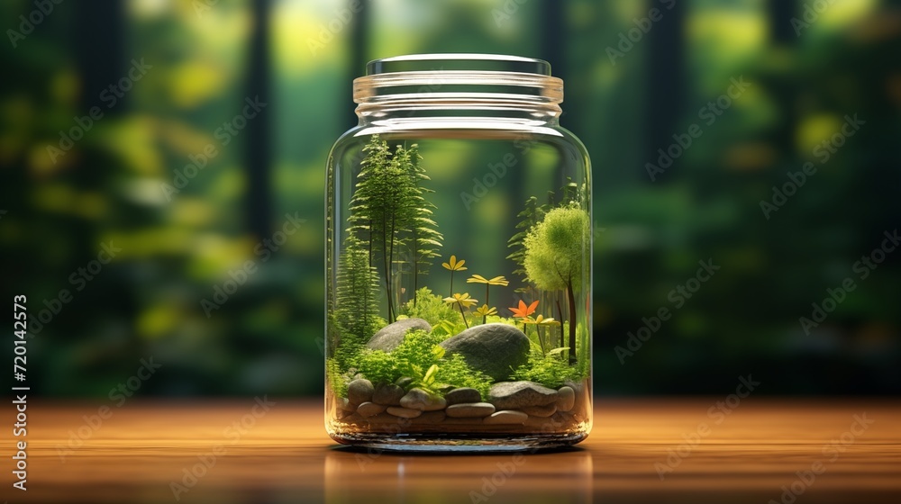 Glass Jar Terrarium with Lush Greenery on Table Glass Jar Terrarium with Lush Greenery on Table