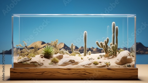 Desert Landscape Terrarium with Cacti on Wooden Base photo