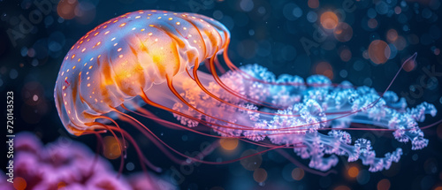 Vibrant aquatic sea jelly with glowing tentacles, generative ai © Suralai