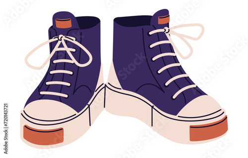 Sneakers with rubber toe. High top gumshoes with chunky sole. Trainers pair. Sport shoes, basketball boots, fitness footwear. Street fashion. Flat isolated vector illustration on white background