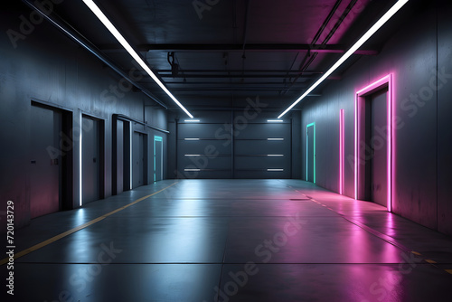 minimal Modern warehouse background, futuristic underground garage with neon lighting. Minimalist design of dark empty room, hallway interior. Concept of hangar, industry, hall, parking