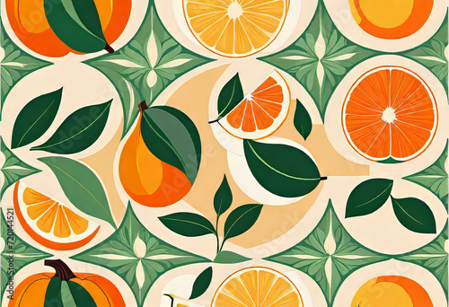 Abstract patterns and ornament with fruits, vintage modern style vector illustration, seamless illustration with abstract fruit shapes, Fresh organic background print concept. geometric collage,