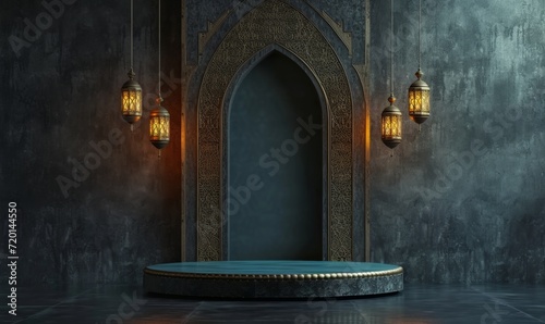 Modern Islamic themed display with hanging lanterns and an empty podium set against a textured wall, ideal for showcasing products during Ramadan and Eid.