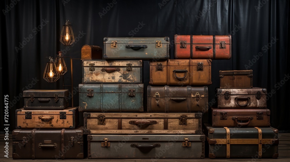 Stacked vintage suitcases in a rustic interior setting.
