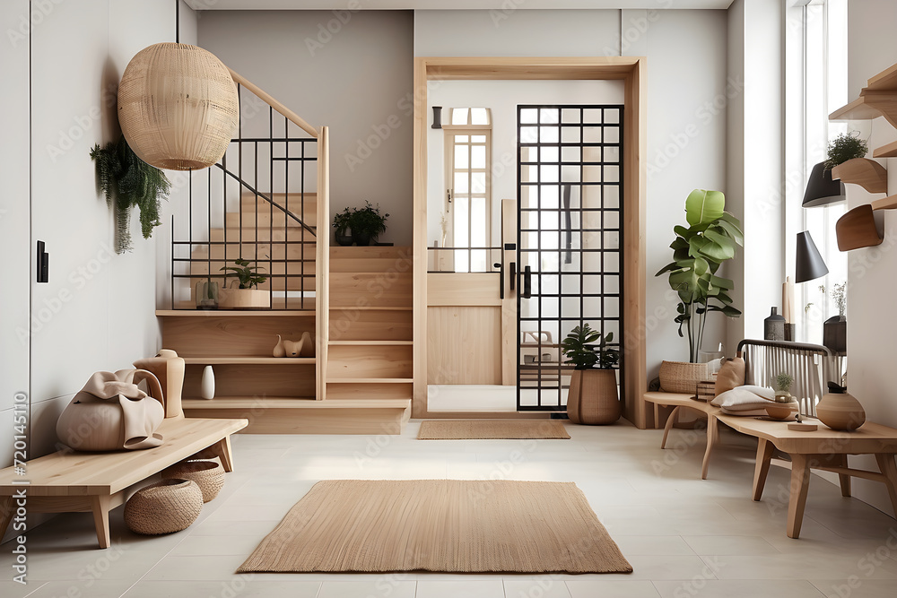 Fototapeta premium Modern Living Room Interior with Fireplace and Stylish Furniture