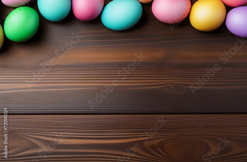Top view of a composition of multi colored Easter eggs that lie on the table surface, free space for text. Background for a banner for Easter.