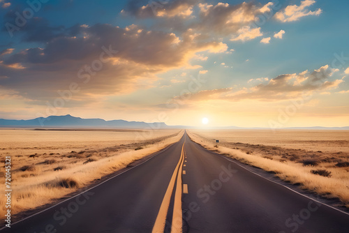 Sunset Drive through Desert Landscape on Straight Highway