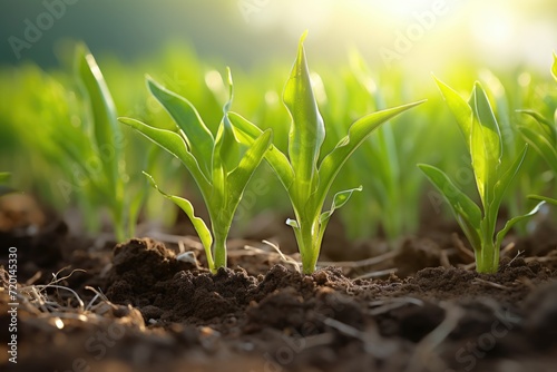 Spring maize sprouts in agricultural field.