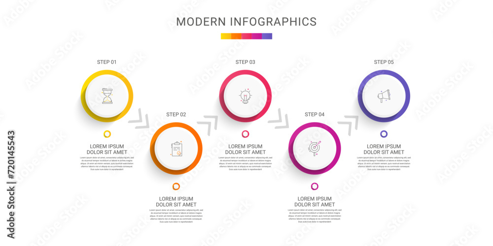 Business vector infographics with five circles and arrows. Timeline visualization with 5 steps for diagram, flowchart, banner, presentations, web, content, levels, chart, graphic