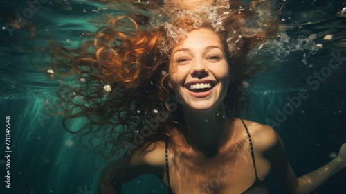 Portrait of a beautiful Happy redhead woman floating underwater in the sea or pool with emerald water. Healthy lifestyle, Vacations, travel, Hobbies and recreation, Sports and swimming concepts.