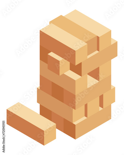 Board game, flat isometric view. Isolated colored icon of jenga. Cartoon family table game for adults and kids for leisure and recreation. Vector illustration