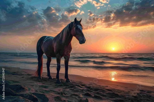 horses and beautiful beach at sunset