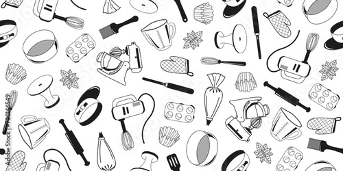 Seamless image of confectionery items in doodle style. Horizontal banner of attributes for cooking sweets. Vector cover of mixer, sieve, cake mold and spatula. photo