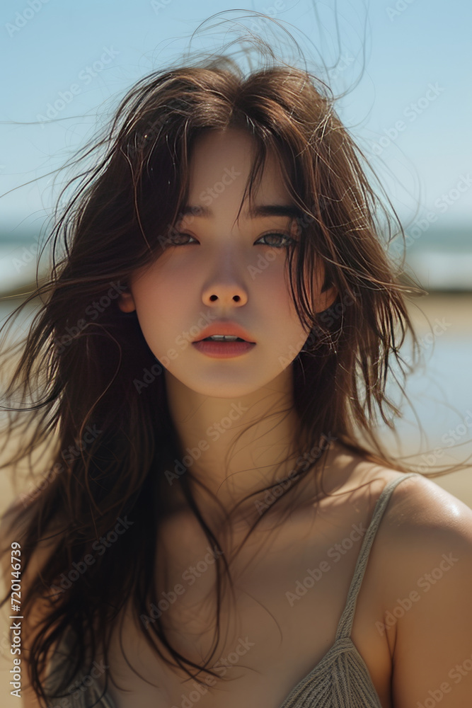 Happy asian woman posing on the beach on a sunny day. generative ai