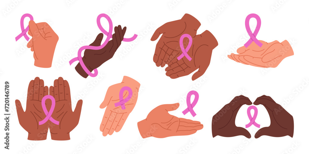 Group of diverse human arms hold breast cancer awareness pink ribbons. Support, care cancer patients concept. Raise public awareness mammary gland cancer. Vector flat illustration set. Group of diverse human arms hold breast cancer awareness pink ribbons. Support, care cancer patients concept. Raise public awareness mammary gland cancer. Vector flat illustration set.