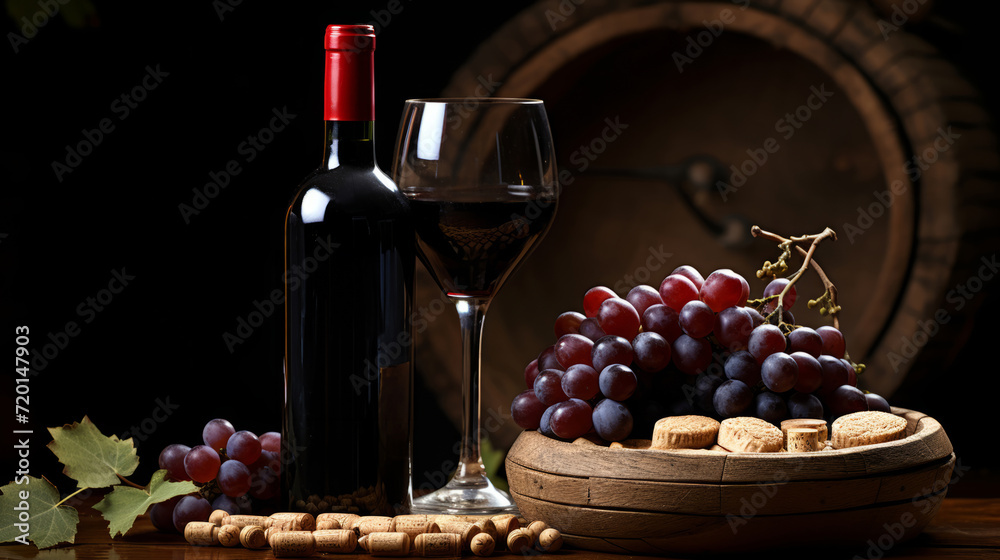 Elegant wine and grape arrangement in a vintage cellar.