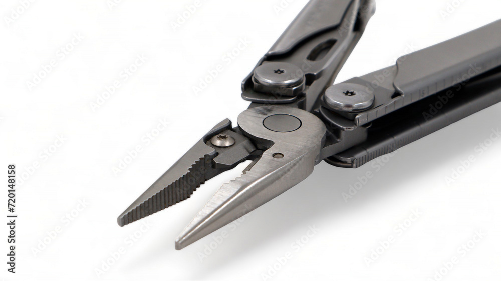 One modern gray iron open folding multifunctional knife on a white background. Multi-tool with advanced tools. Pliers close up. Compact and portable product. Pocket knife. EDC concept. Copy space. One modern gray iron open folding multifunctional knife on a white background. Multi-tool with advanced tools. Pliers close up. Compact and portable product. Pocket knife. EDC concept. Copy space.