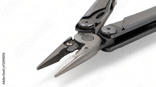 One modern gray iron open folding multifunctional knife on a white background. Multi-tool with advanced tools. Pliers close up. Compact and portable product. Pocket knife. EDC concept. Copy space.
