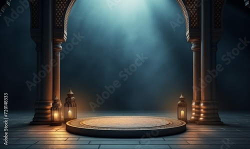 Modern Islamic themed display with hanging lanterns and an empty podium set against a textured wall, ideal for showcasing products during Ramadan and Eid.