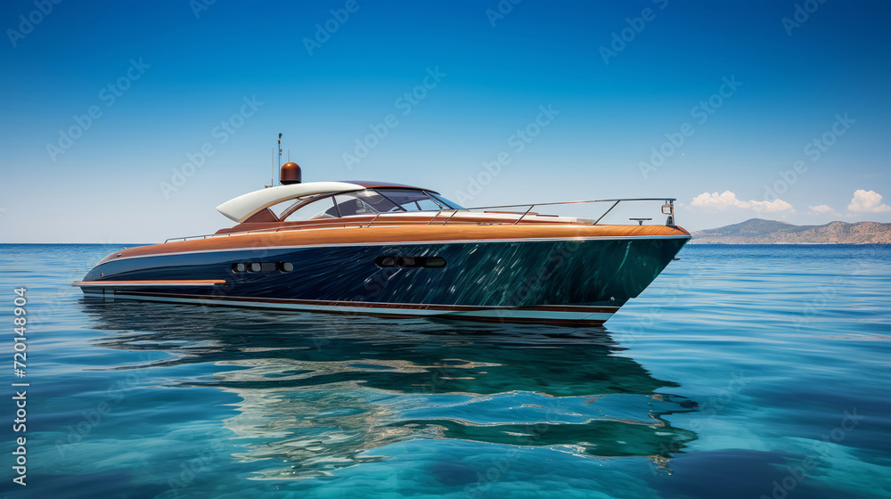 Luxury speedboat cruising on a calm blue sea. - obrazy, fototapety, plakaty 