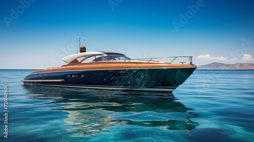 Luxury speedboat cruising on a calm blue sea. photo