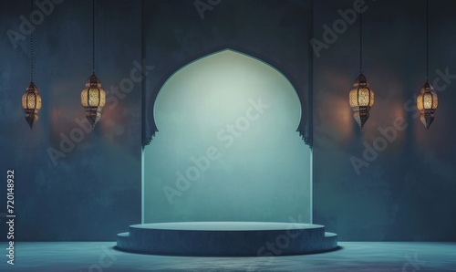 Modern Islamic themed display with hanging lanterns and an empty podium set against a textured wall, ideal for showcasing products during Ramadan and Eid.