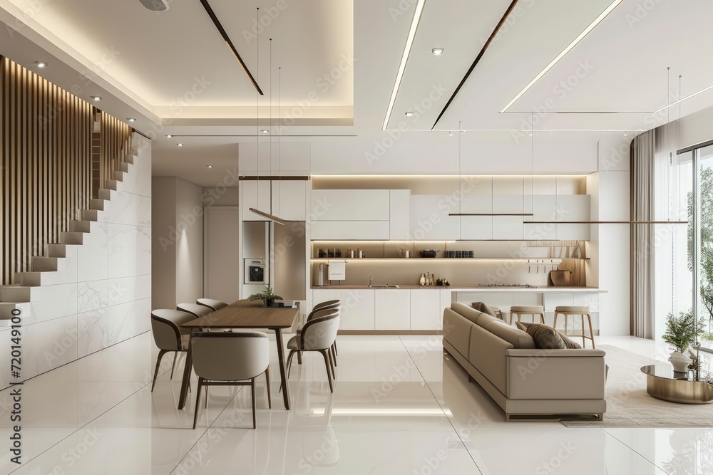 Fototapeta premium modern minimalist home interior design, neutral color palette, an open-concept living space seamlessly connected
