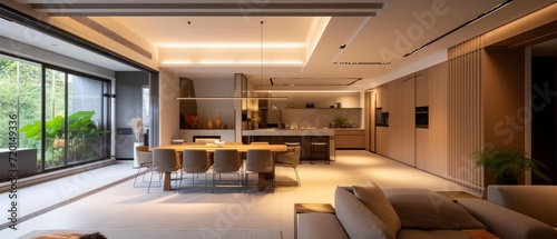 modern minimalist home interior design, neutral color palette, an open-concept living space seamlessly connected