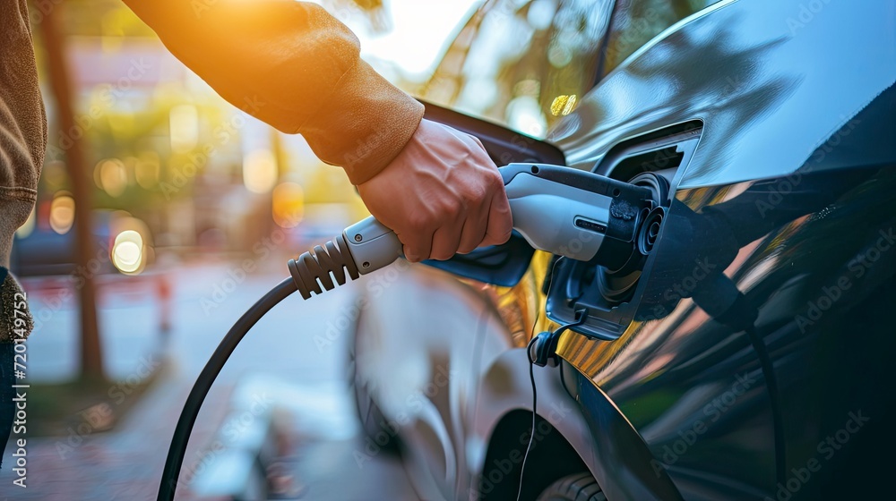 A person's hand plugging in a charger to an electric car on a city street. A person's hand plugging in a charger to an electric car on a city street.