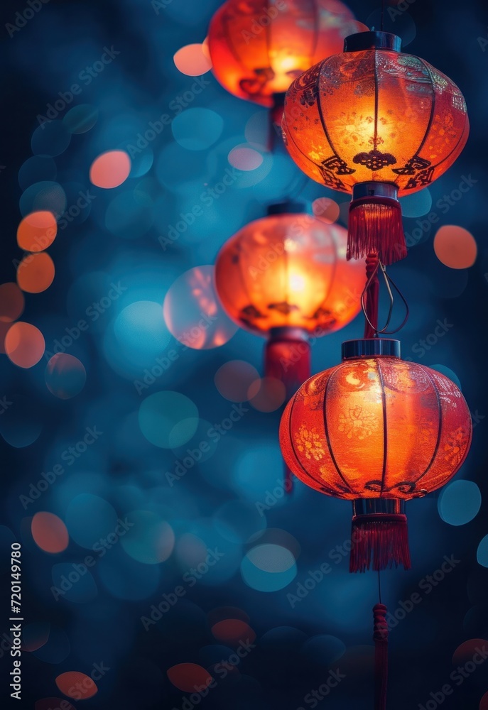 Obraz premium Lunar New Year holiday background. Red Chinese lanterns on beautiful bokeh background with copyspace for your greetings text.