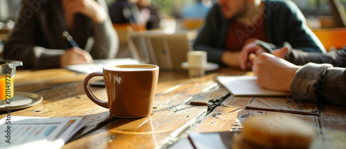 Captivating Early Morning Business Meeting at a Rustic Café with Sunlight Streaming Over a Fresh Cup of Coffee